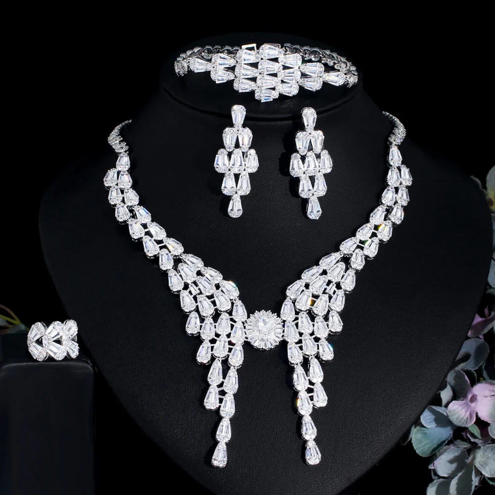 

Комплект украшений ThreeGraces из 4 предметов: роскошное массивное колье с крупными цирконами и бахромой для свадьбы и вечеринок, для женщин, TZ853