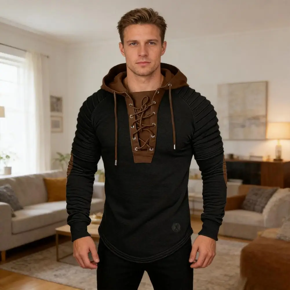 Moletom Masculino de Manga Longa com Capuz e Cores Combinadas para Academia, Fitness, Musculação, Camiseta Casual, Pulôver, Casaco, Agasalho