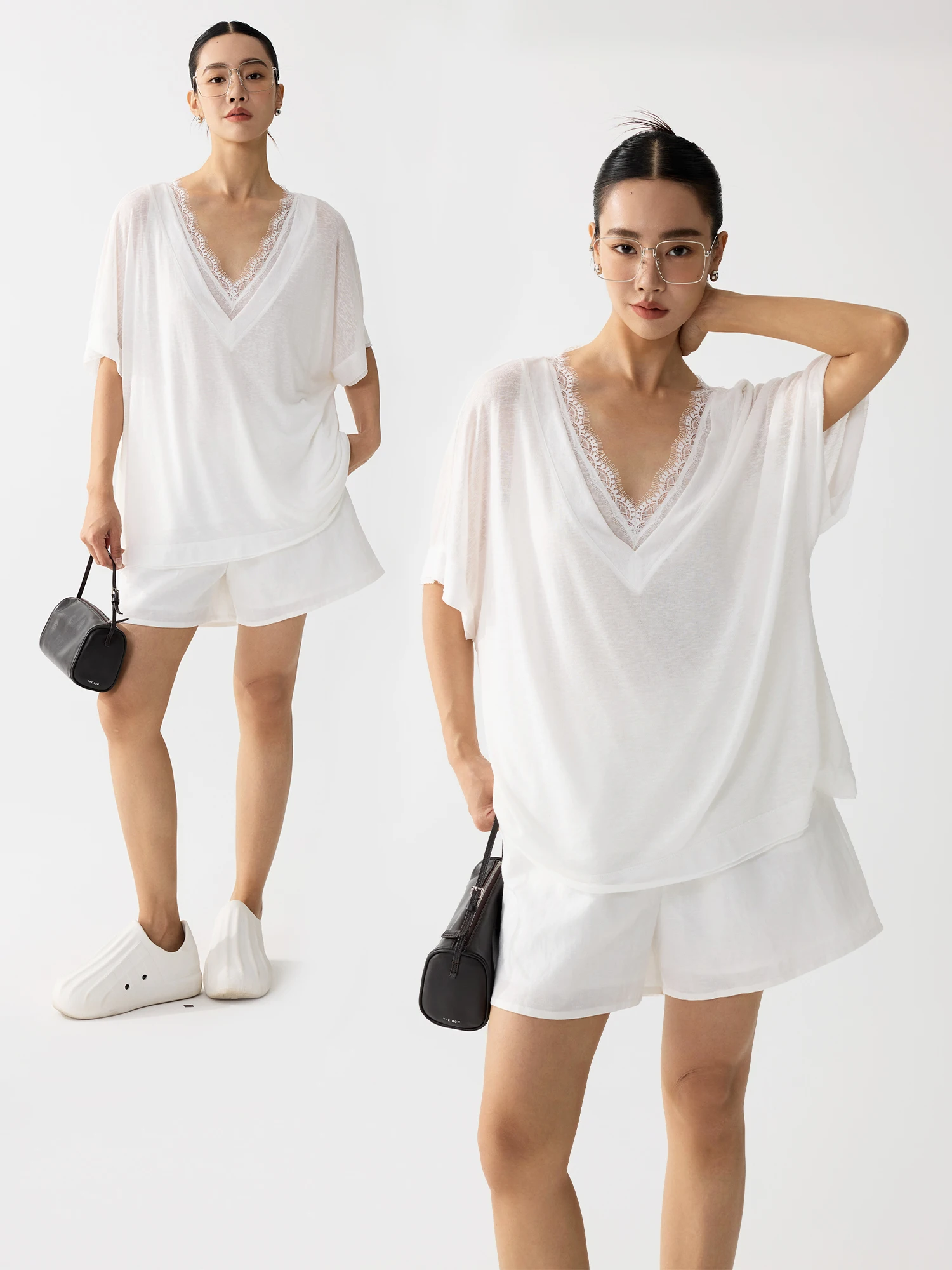 

ZzZHANG Summer Lightweight Breathable Lace Patchwork Casual V-ne ort Sve T-irt Top Romantic Fake Two-Piece Ensemble