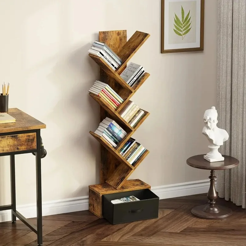 Small Modern Book Storage Rack Kids Bookcases Cabinet Traditional Reading Wooden Tree Bookshelf with Drawers
