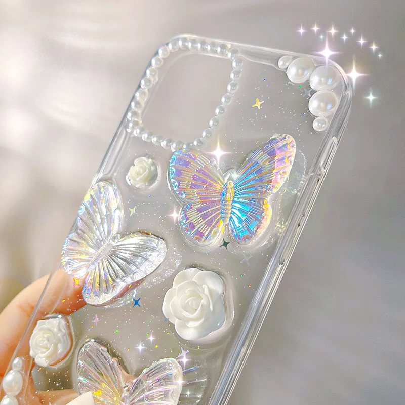 French retro 3D butterfly For iPhone 16 15 14promax phone case dropper glitter For iPhone 13 12pro 11 Applicable