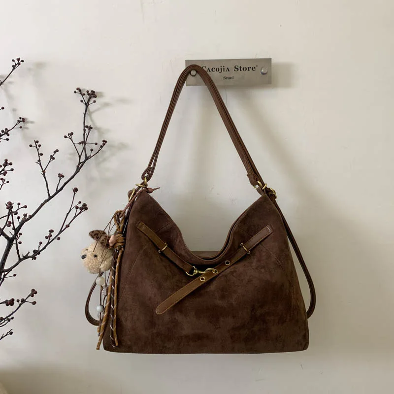 Suede Tote Bag Women Large Capacity Shoulder Crossbody Backpack With Cute Charm Vintage Casual Commuter Daily Handbag Four Ways