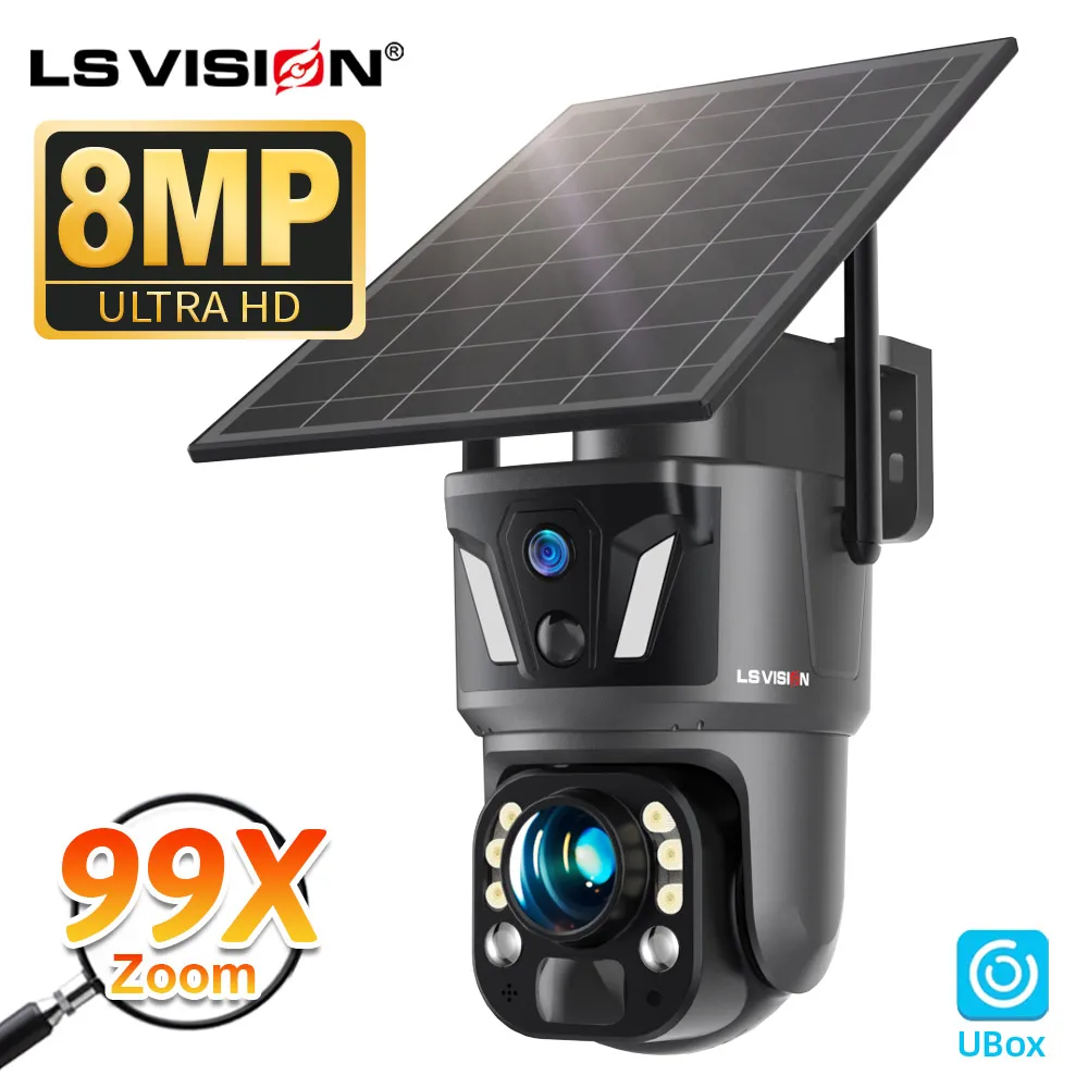 Caméra de sécurité solaire 4G LS VISION 4K avec zoom 99X, double écran, WiFi extérieur, PTZ, double détection PIR, suivi automatique, liaison intelligente, application Ubox et panneau solaire 9W
