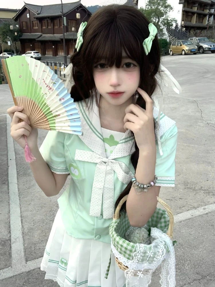 Y2k Japan Style Kawaii 2 Piece Sets Womens Outifits 2000s Sailor Collar Slim Tees + Mini Skirts Harajuku Vintage Sweet Suit Chic