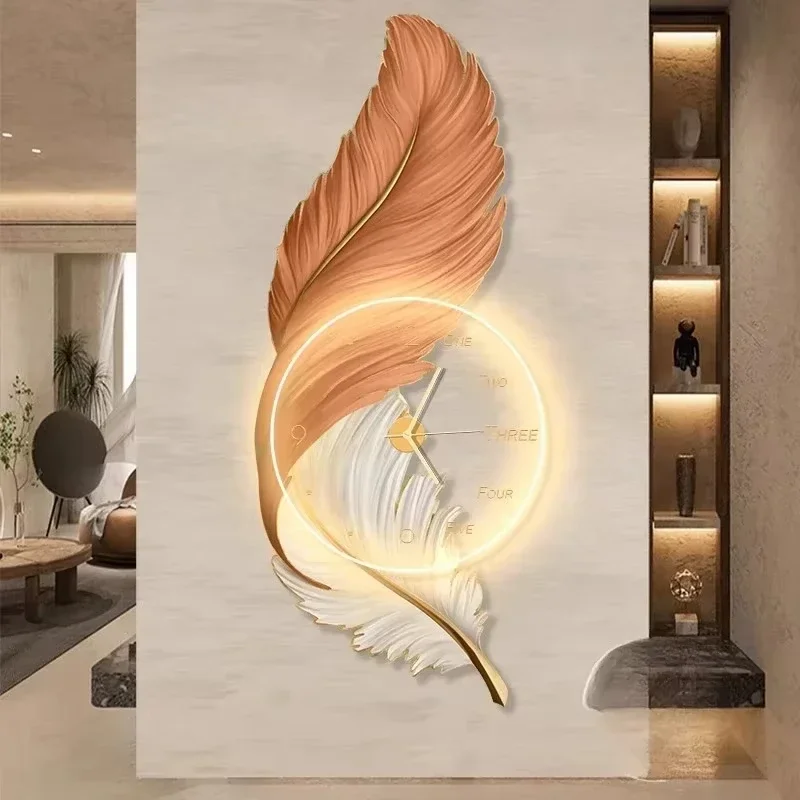 Modern Feather 3D Large Wall Clock with LED Backlight - Living Room/Dining Room Mute Digital Decor | Reloj De Pared Art