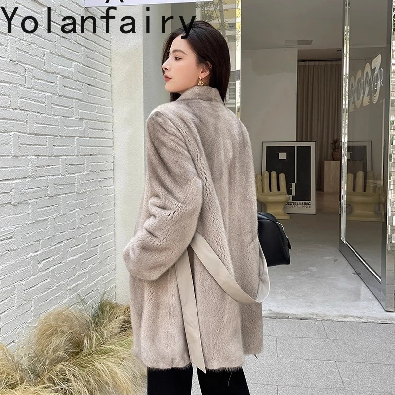 YOLANFAIRY ماركة كاملة سترات من فرو المنك للنساء الخريف الشتاء الفاخرة 2025 معطف الفرو الطبيعي امرأة منتصف طول معاطف الفرو Casaco