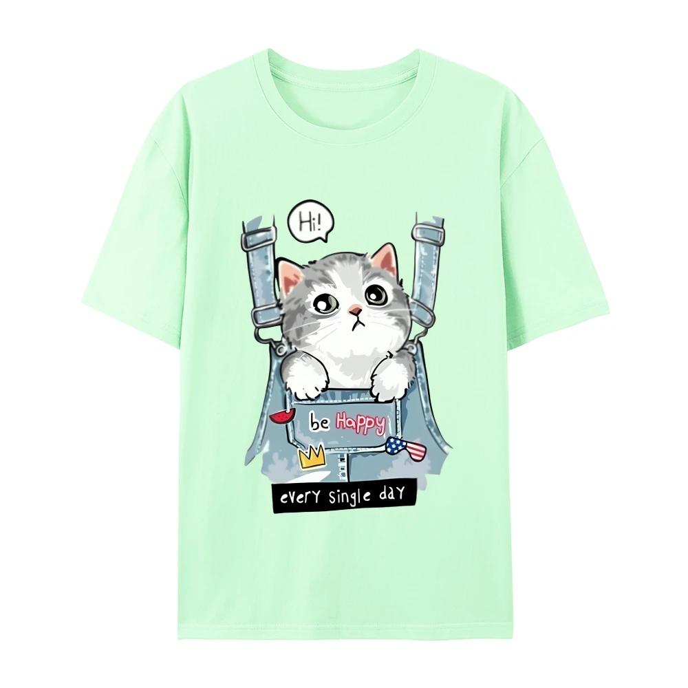 Short - Sleeve T - Shirt, Adorable Cat in Overalls Graphic, Cute & Positive Vibe, Soft Fabric, Ideal for Casual Daily Wear