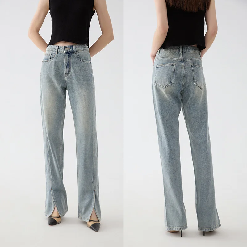 

High waisted slimming retro blue straight leg pants with slit and loose washed denim pants for women