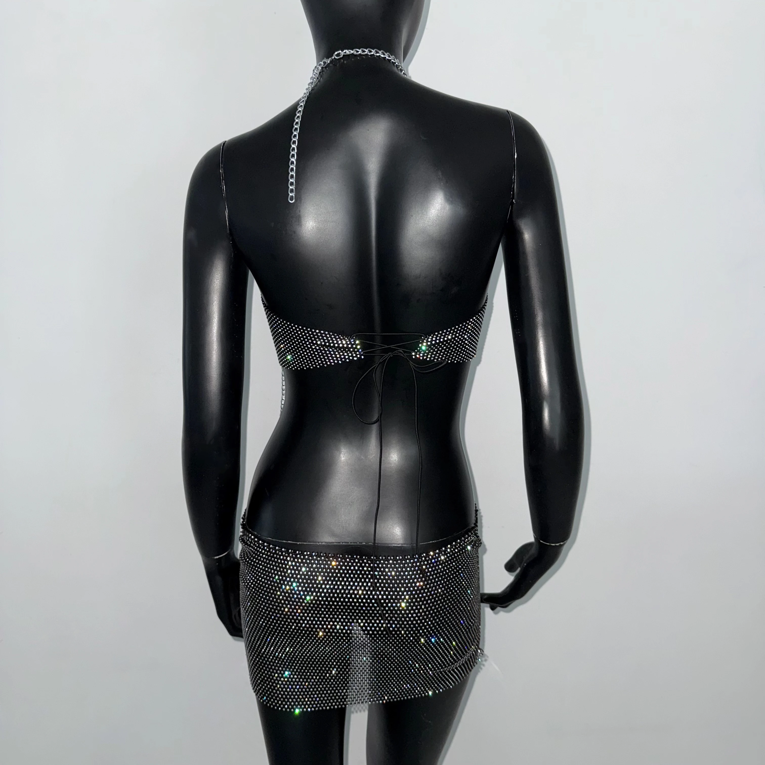 Metal Chain Patchwork Mesh Women Dress Shiny Rhinestone Hollow Sheer Fishnet Backless Halter Neck Mini Dress Summer Beach Dress