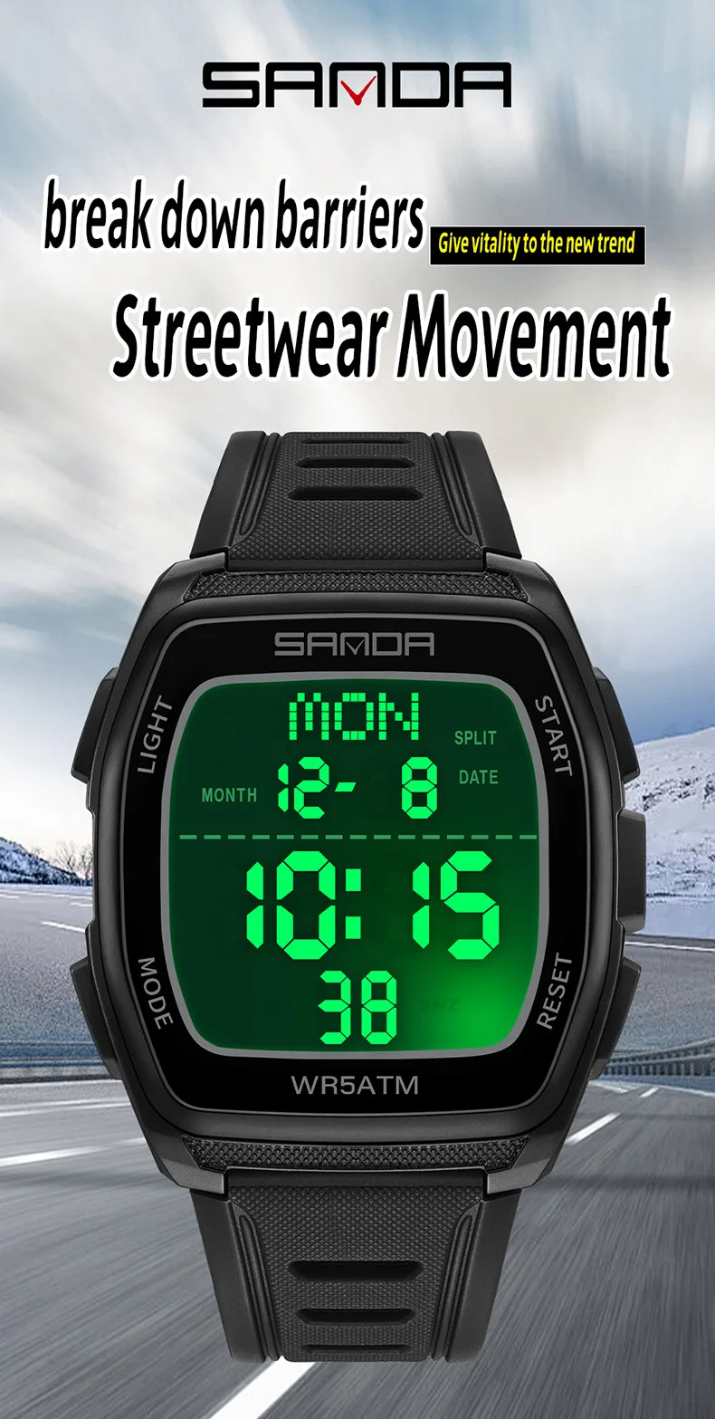 2026 Sanda Electronic 5atm Waterproof Night Light Alarm Clock Large Led Digital Screen Student Men's Women's Unise Student Watch