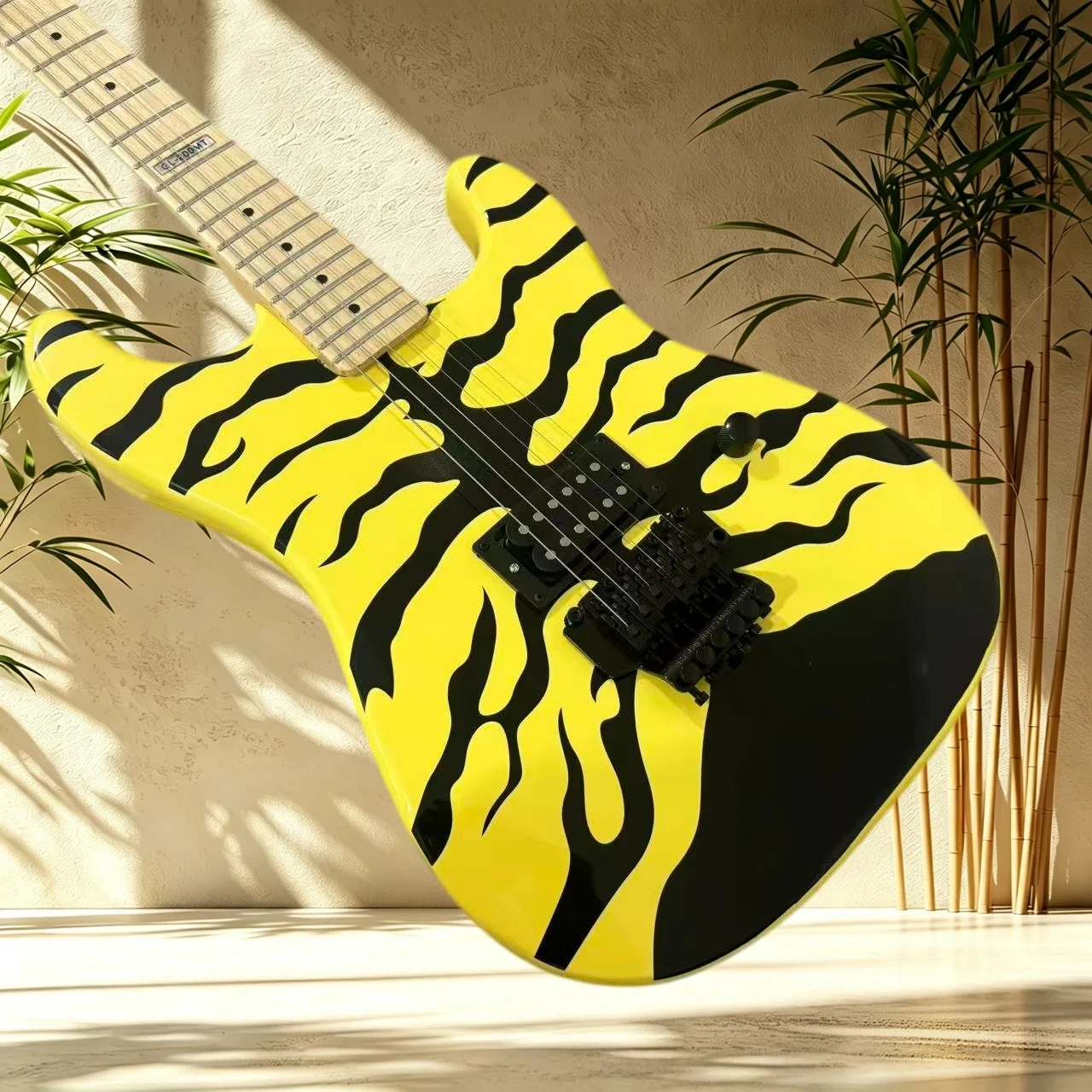 STP Yellow Black Tiger Stripe Electric Guitar Maple Fretboard Double Humbucker Double Tremolo Metal Shred Band Rehearsal