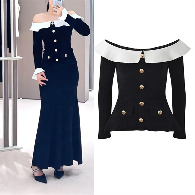 

Элегантный топ с длинными рукавами и одним открытым плечом, высококачественная версия, черно-белый, с кружевной отделкой, в европейском стиле, женский вязаный свитер