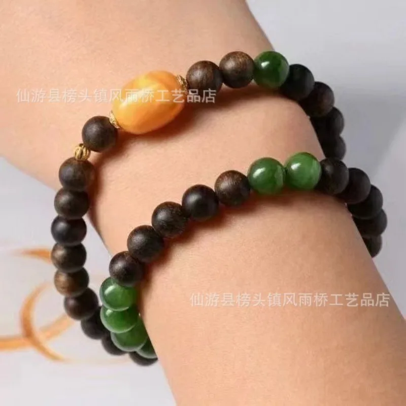 Double Circle Green Qi Nan Agarwood Submerged Grade Jasper Beaded Bracelet for Men Women Couples Lucky Pray Jewelry Gifts