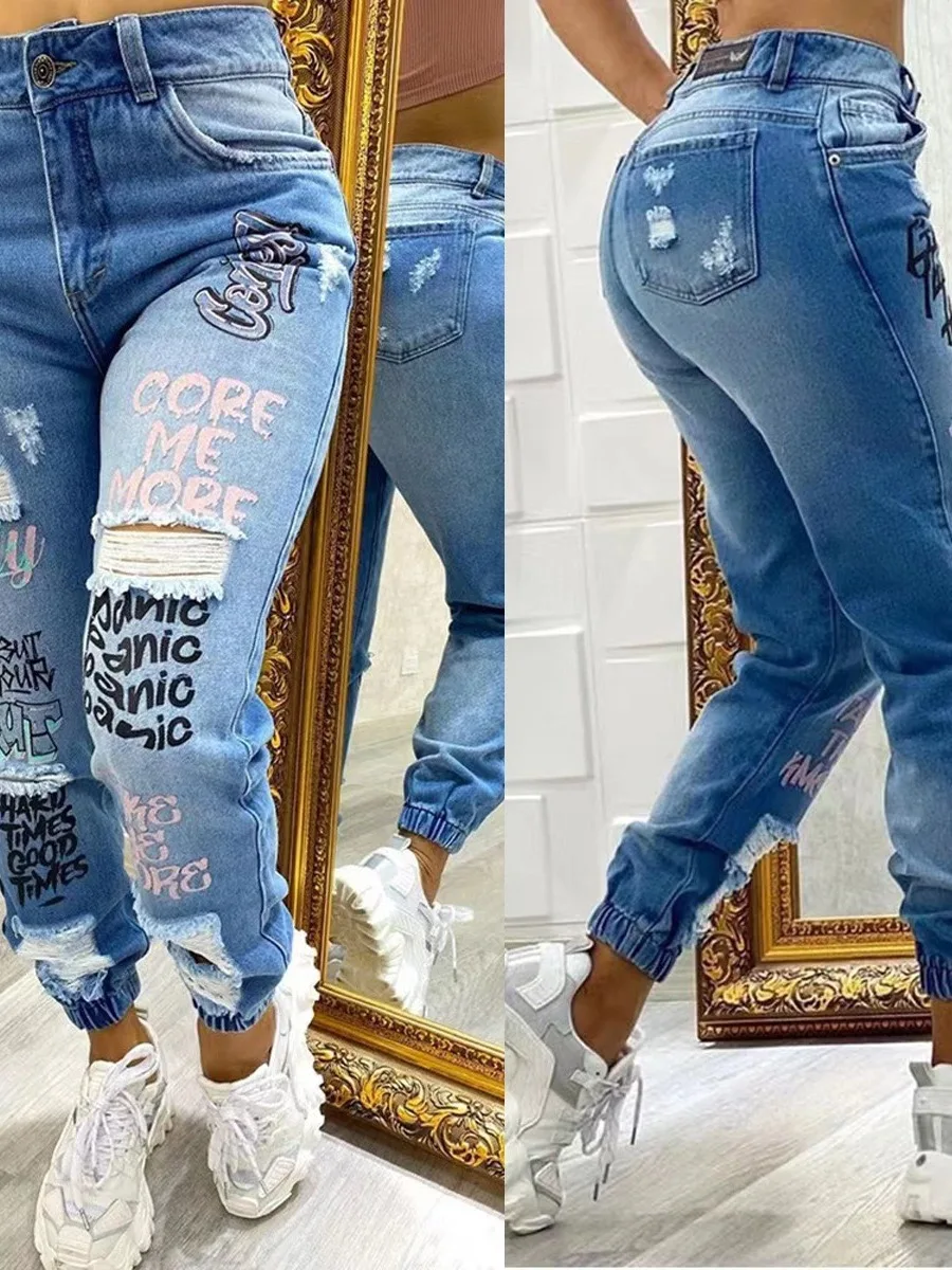 High Waist Torn Denim Jeans Women's Tight Fit Printed Wear Resistant Cuffed Jeans Casual Blue Cotton High Elasticity