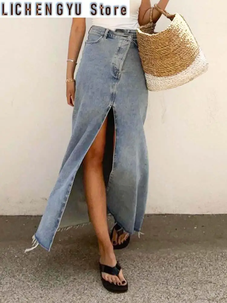 

New Irregular Denim Skirt Women Spring Pocket Tassel High Waist Simple Blue Slit Bottom Female Vintage Elegant Skirts