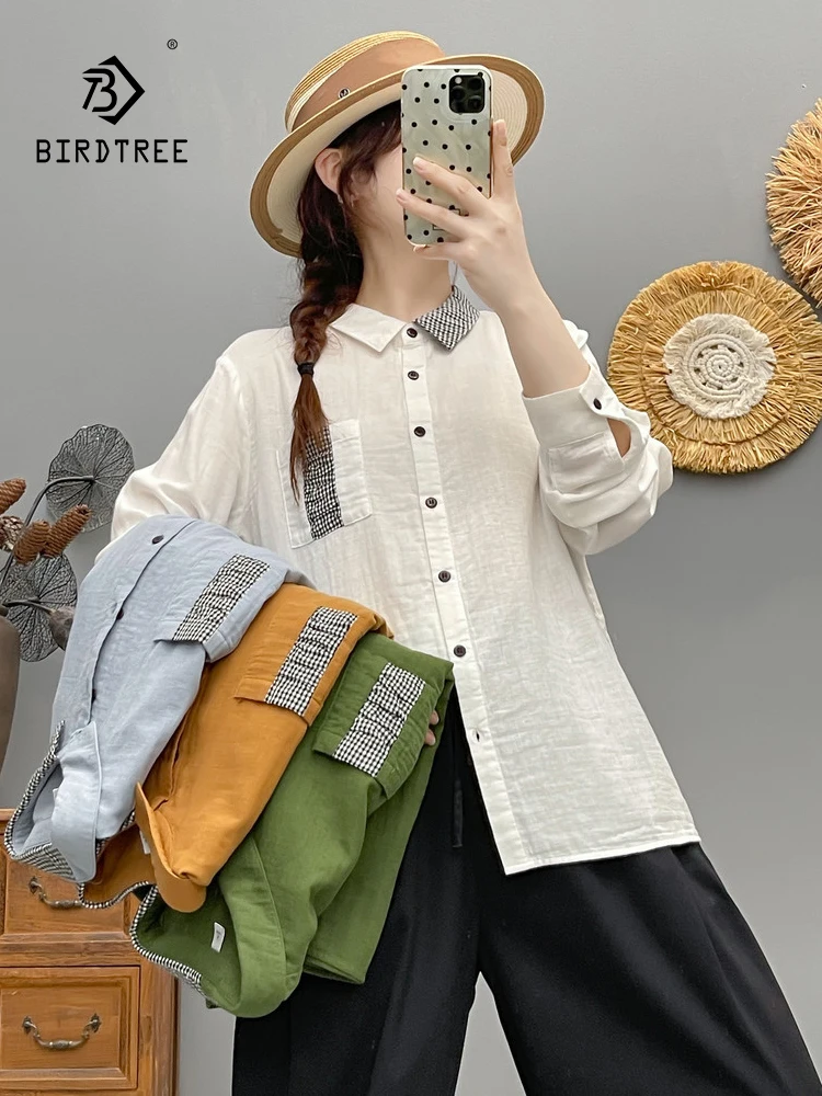 

Новинка 2025, осенняя рубашка с длинными рукавами из хлопковой пряжи, женская рубашка с отложным воротником и карманом, модная повседневная свободная блузка Mori Girl T5O724CC