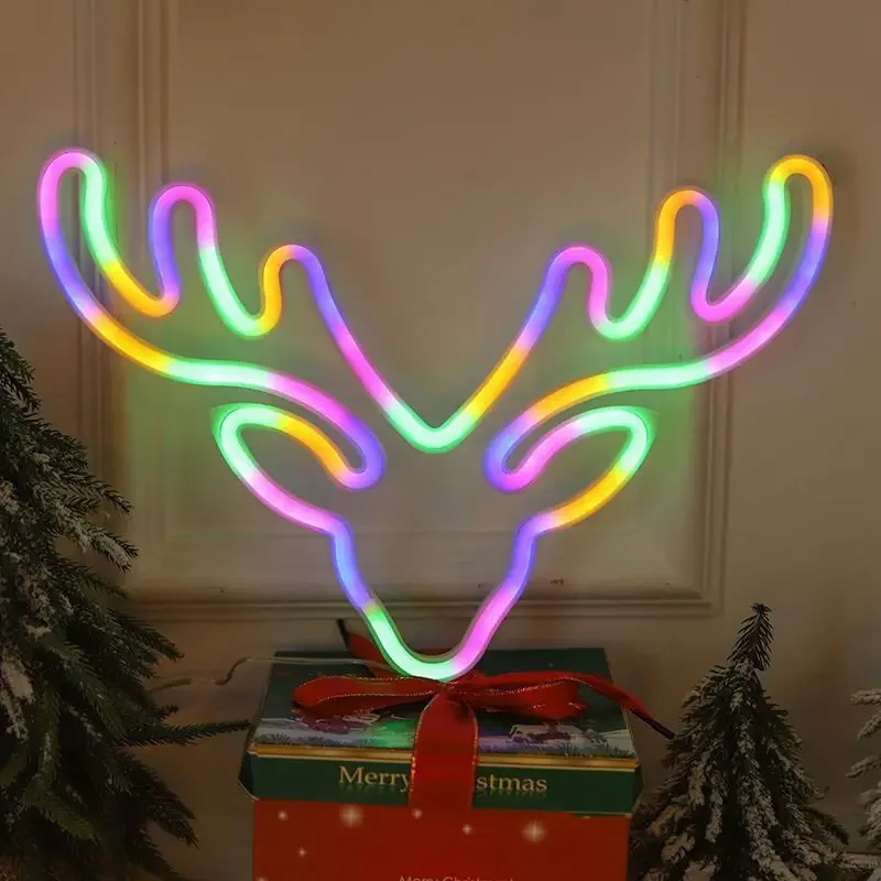 Deer Head LED Neon Light Sign Nightlight Lamp Christmas Hat Elk Tree Snowflake Decor Room Wall Shop Birthday USB & Battery