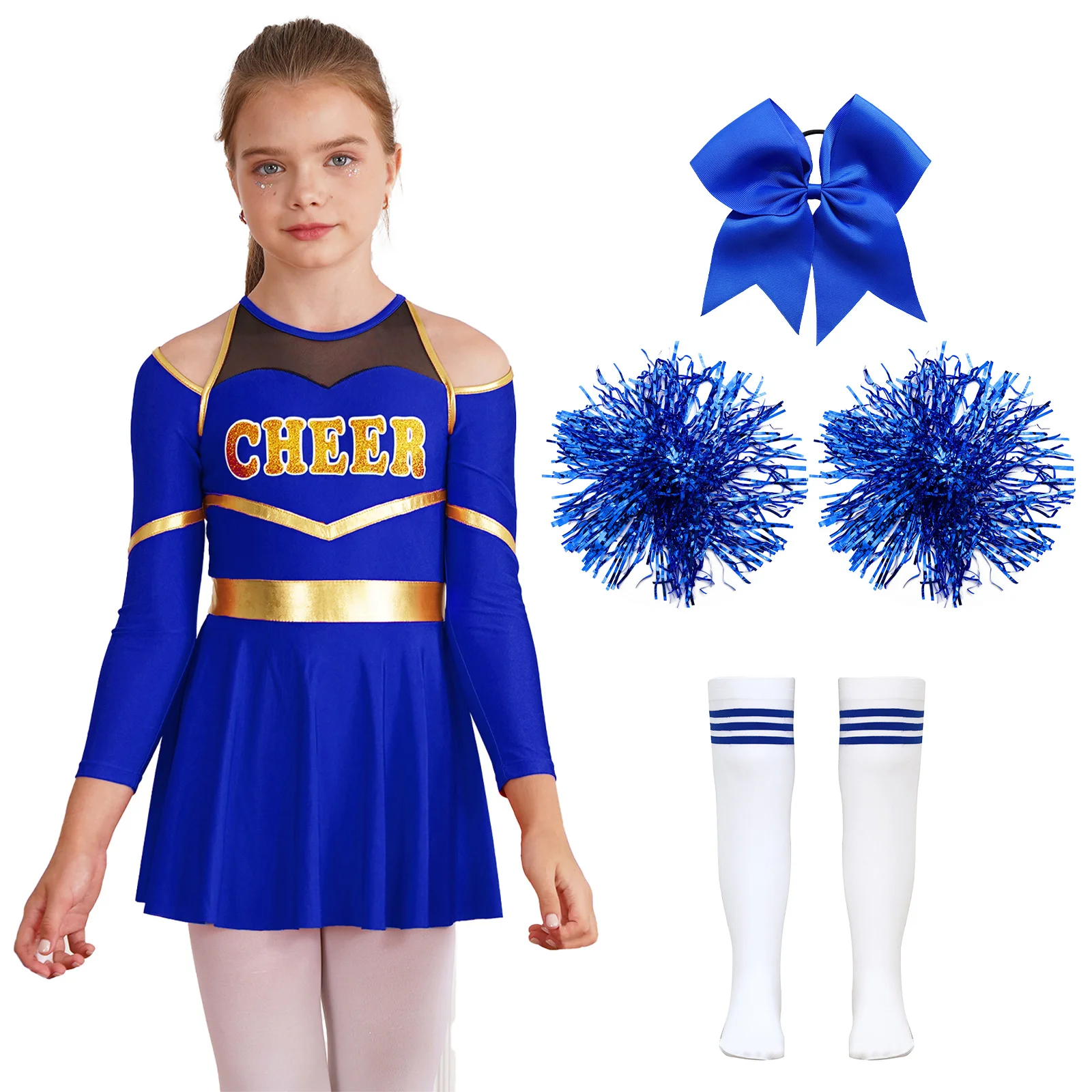 

4PCS Kids Girls Cheerleading Uniform Long Sleeve Leotard Dress with 1Pc Headwear 2Pcs Hand Flowers Striped Socks Dance Costumes