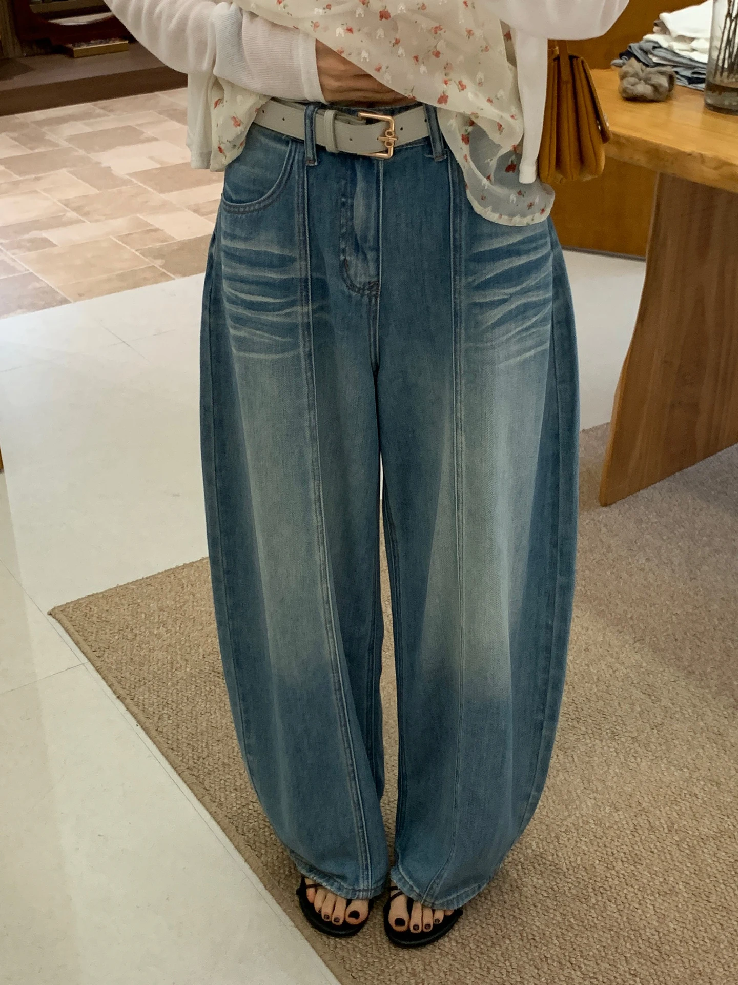 

High Waist Wide Leg Blue Washed Retro Knife Denim Jeans Women's New Quality Spring 2026 Slimming Belted Ladies Trousers