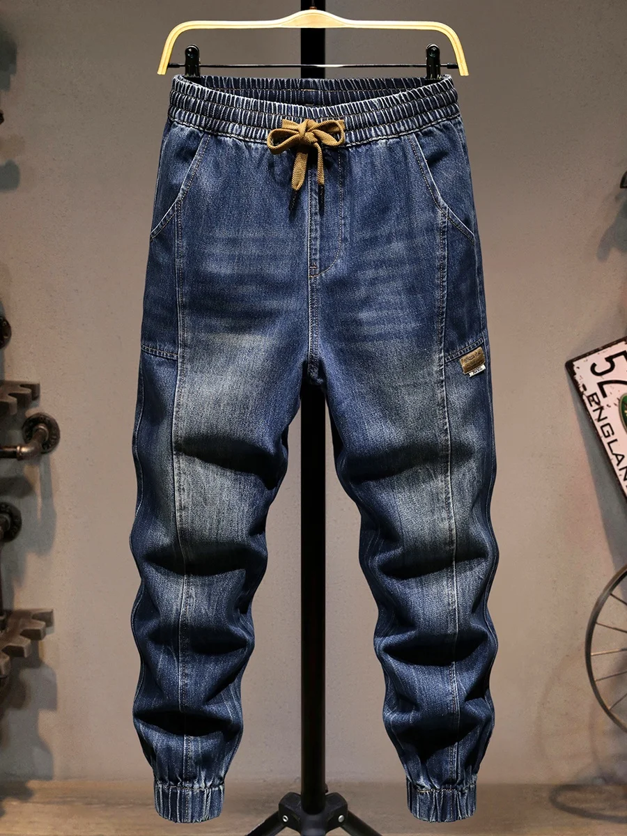 

Модные джинсы премиум-класса с вставками для мужчин, весенне-осенние свободные брюки-конусы, стильные универсальные брюки с отворотами, дышащие