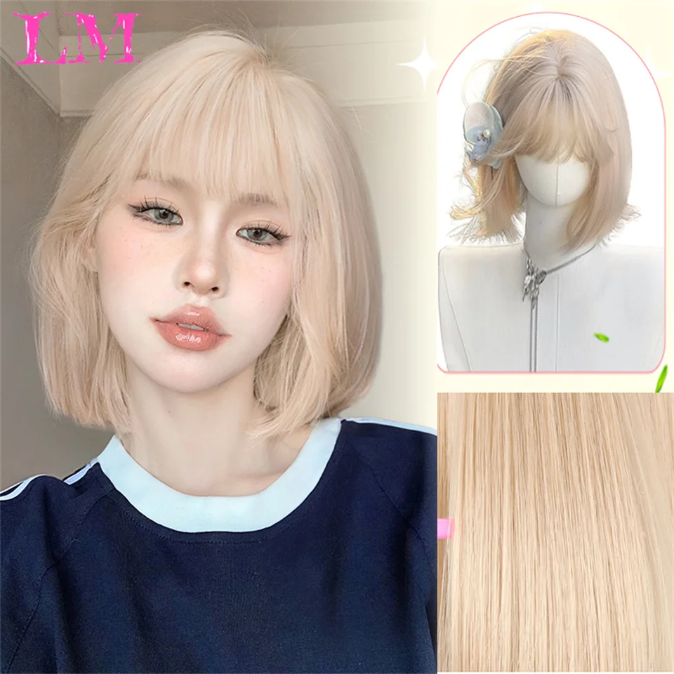 

LM Blonde Short Curly Bob Synthetic Wigs with Bangs Platium Golden Lolita Cosplay Wigs for Women Daily Party Cosplay Heat Resist
