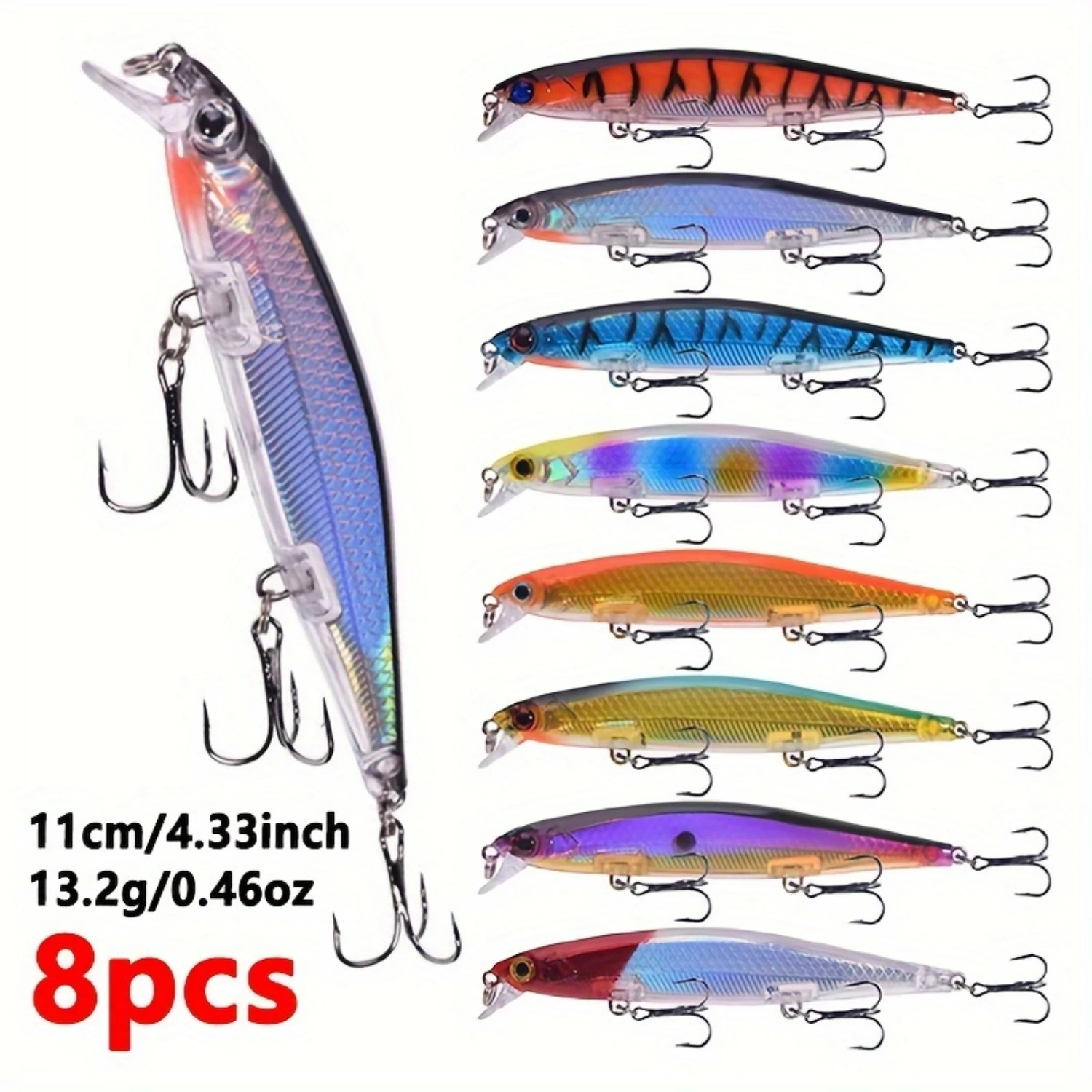 8pcs Sinking Slowly Minnow Fishing Lures, 8 Colors Set 11cm/4.33inch 13.2g/0.466oz Artificial Wobblers Laser Plastic Hard Bait W