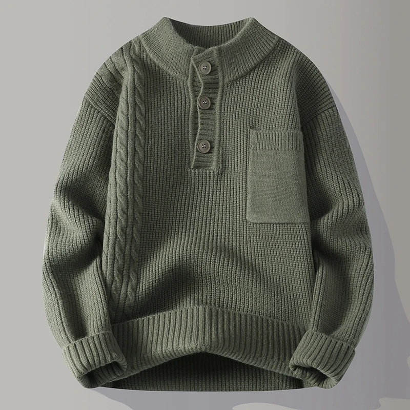 men's autumn winter long sleeves knit sweater round neck button new jacquard keep warm pullover leisure fashion men clothing top