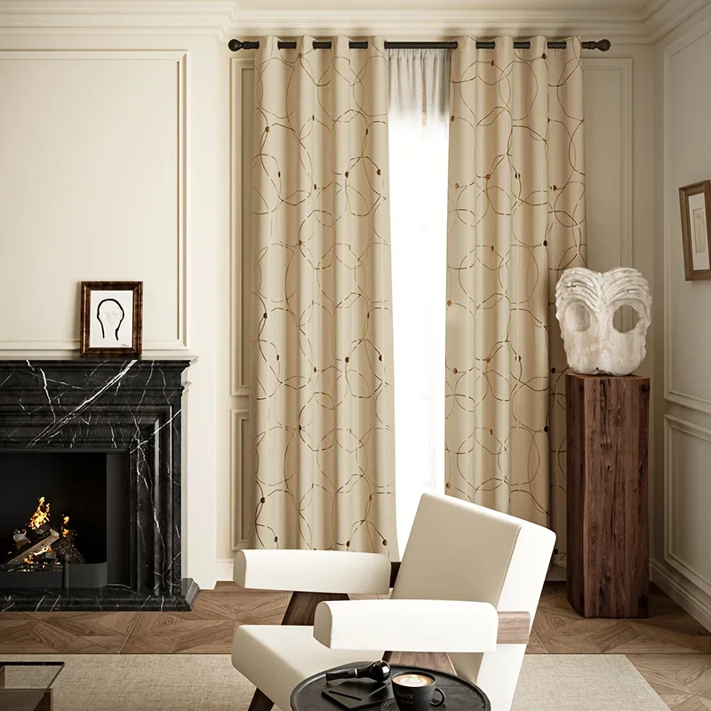 2Pcs Classic Khaki Circle Pattern Blackout Curtains Golden Grommet Top Drapes  All-Season Room Darkening Window Treatments