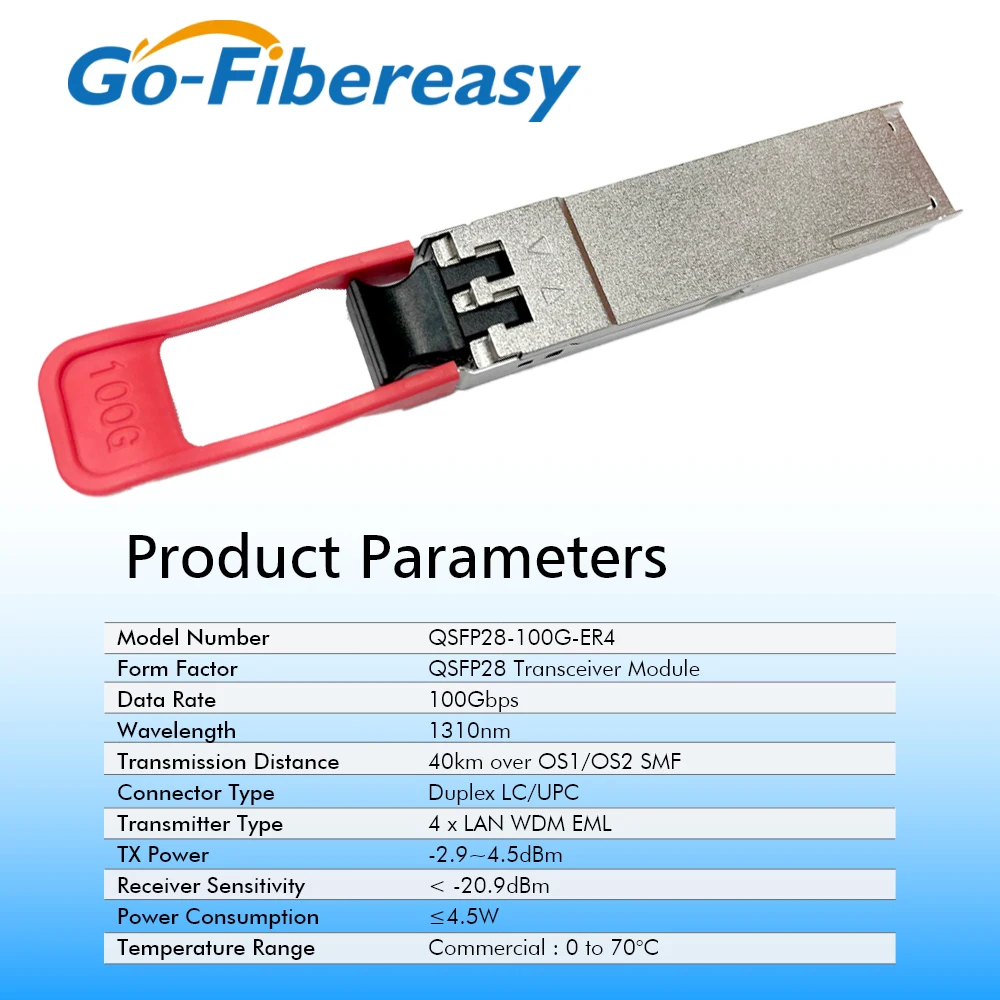 100Gb ER4 40km QSFP28 Transceiver 1310nm Dual LC Single Mode 100GBASE-ER4 QSFP Optical Module For Huawei,Juniper,Mellanox.Switch