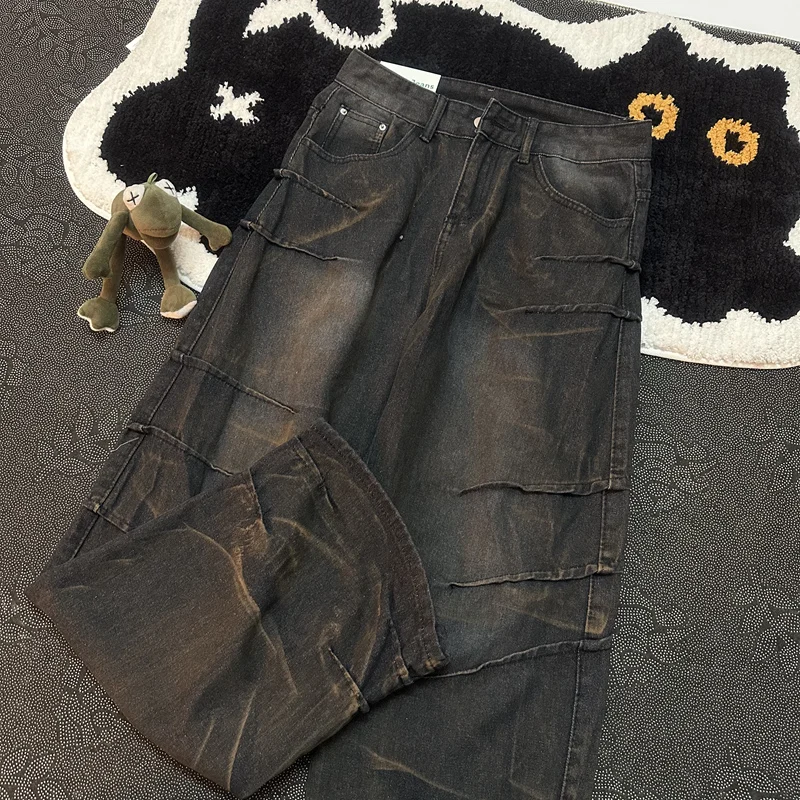 秋の男性プリーツジーンズ洗浄ディストレストレートレッグパンツアメリカンファッションレトロストリートスタイルヒップホップブラックデニムパンツ
