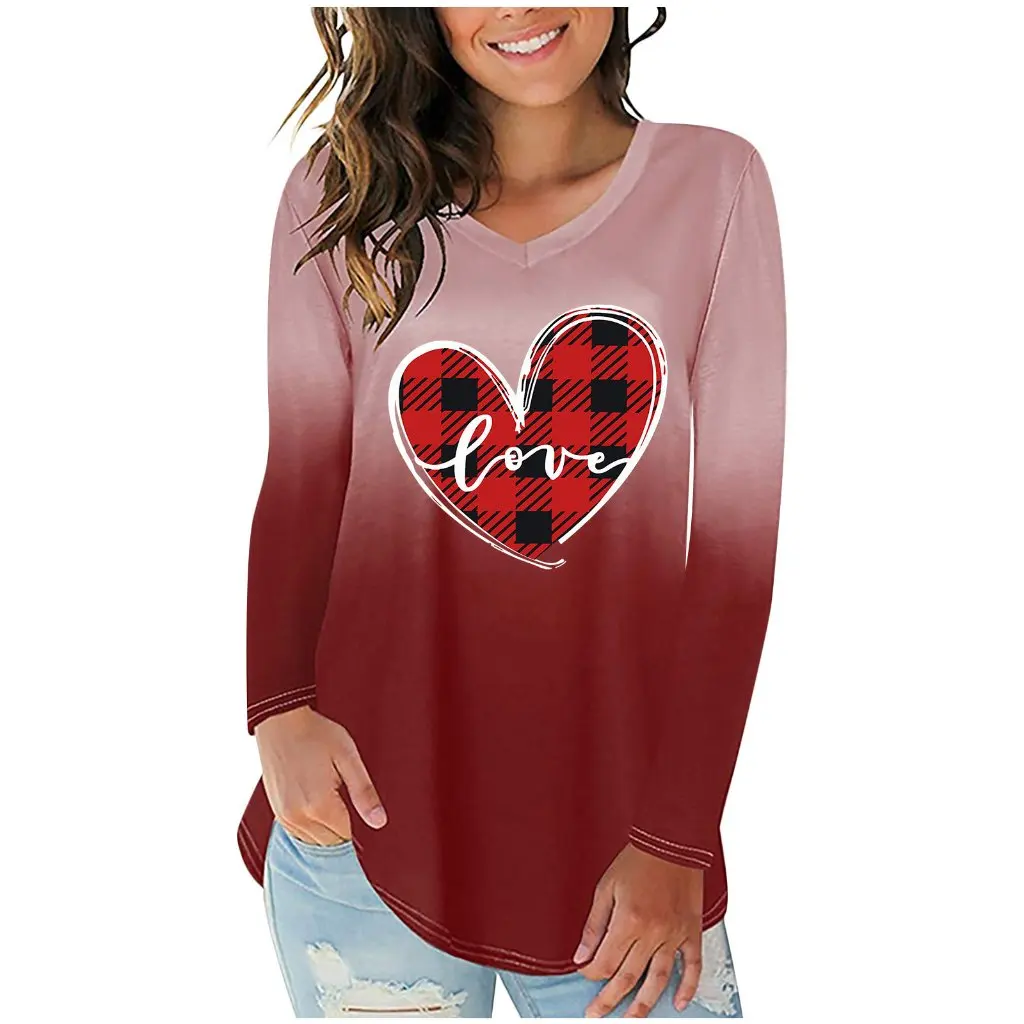 

Gradient Red Plaid Heart Print Women's V-Neck T-Shirt Long Sleeve Irregular Hem European American Style by