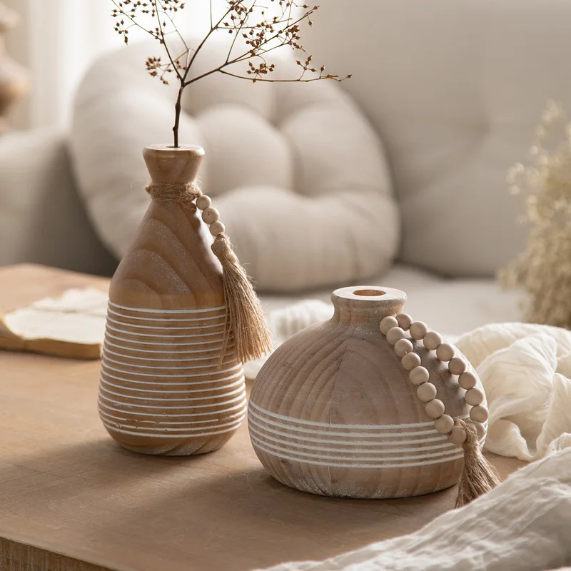 Small Wooden Flower Vases Adorned with Wooden Beads and Delicate White Speckles Room Decor