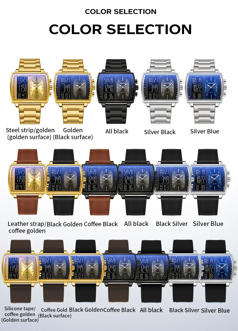 SANDA 2025 ساعة رجالية جديدة متعددة الوظائف عرض مزدوج مقاوم للماء LED شريط إضاءة ساعة إلكترونية للرجال 6238