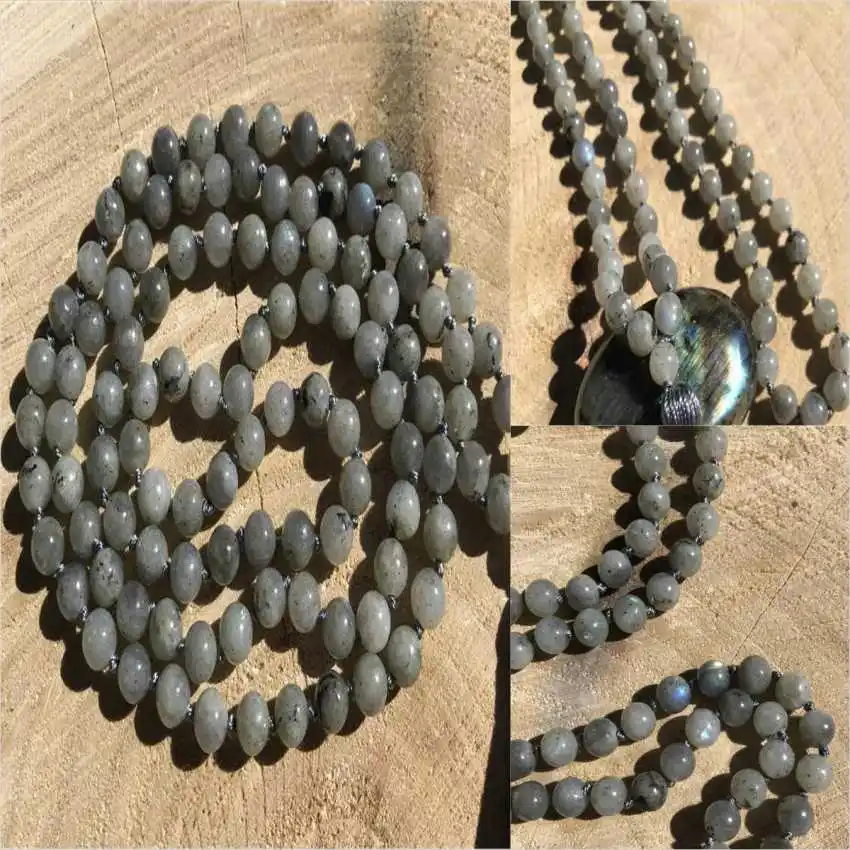 8mm Natural Labradorite 108 Beads Tassel Knot Necklace Wood Pendant Religious Bridal Healing Relief Opera length Stone Mala Yoga