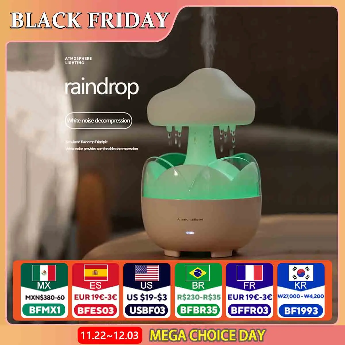 Mushroom Raindrop Air Humidifier Electric Aroma Diffuser Colorful Night Lights Rain Cloud Smell Distributor with Remote Control