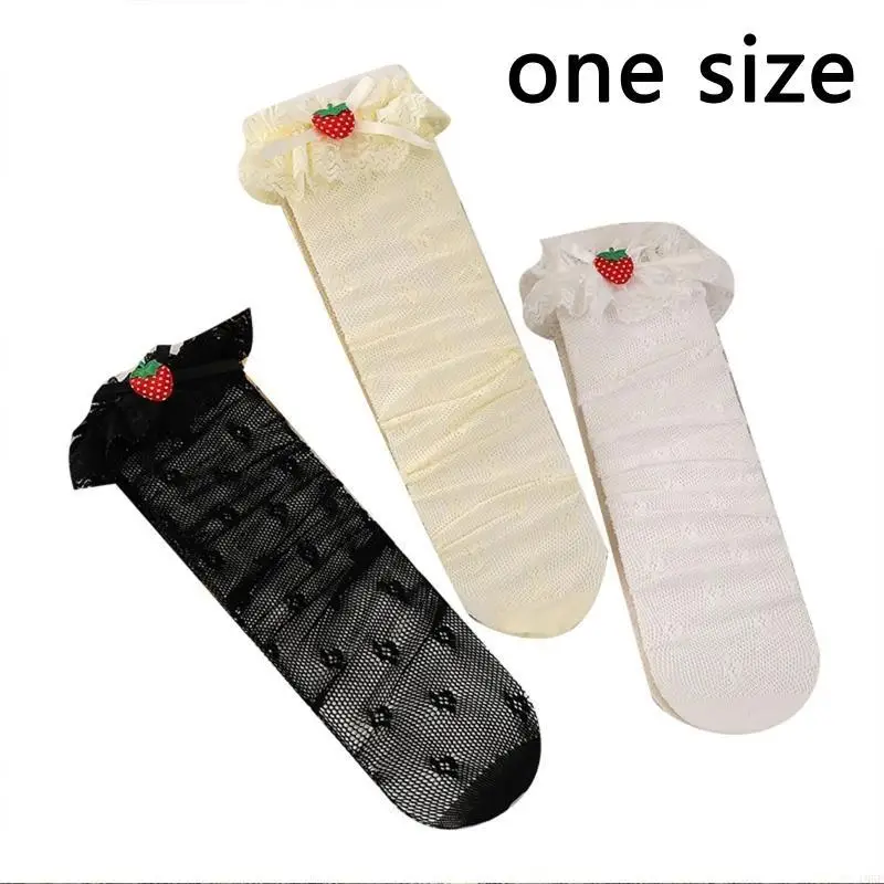 195E calcetines hasta rodilla encaje Floral verano para niñas, con lazo fresa bonitas con adornos volantes