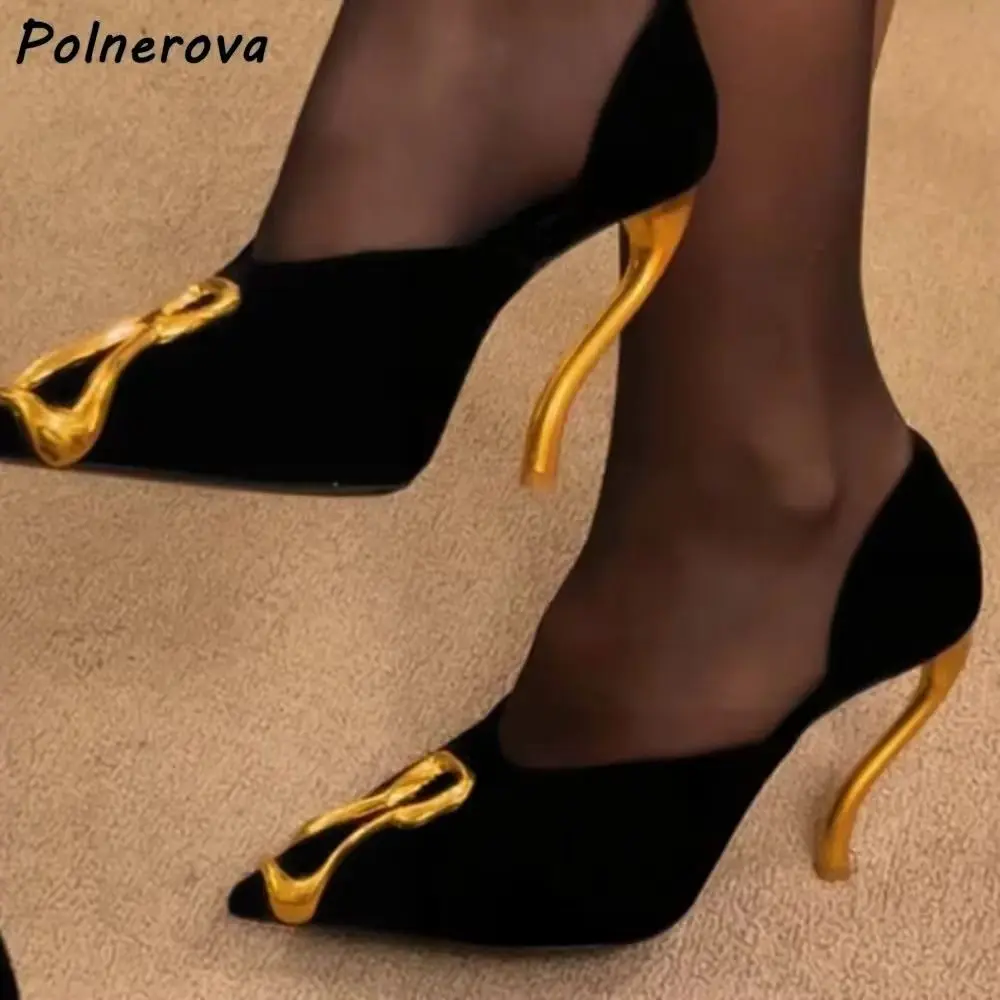 

Gold Bend Metal Decoration Pumps Strange Style Heels Slip On Black Pointy Toe Black Slip On Shoes Fashion Chic Summer Pumps