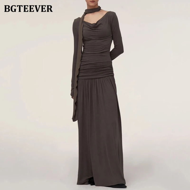 BGTEEVER Elegant Slim Waist Female Knitted Long Dress Long Sleeve Swinging Collar Women A-line Dress