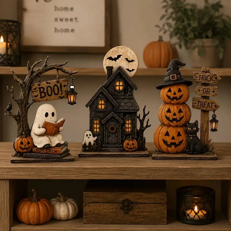 3Pcs Vintage Halloween Wooden Indoor Decorations With Ghost Black Cat Pumpkin Elements For Shelf Decoration