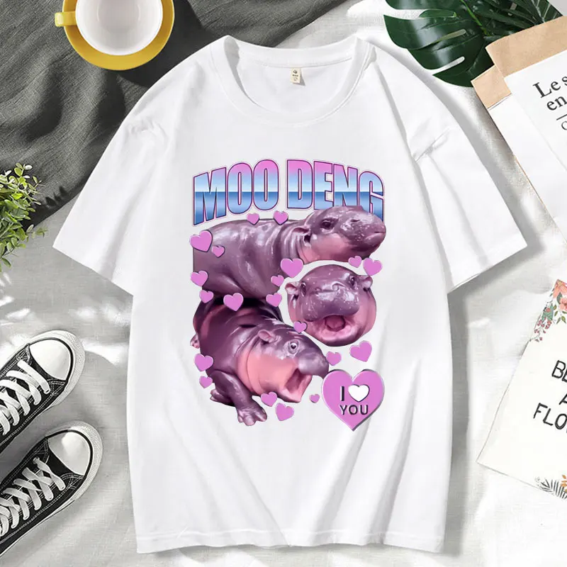 Funny Meme Moo Deng L Love You L Heart You T Shir Men's Clothing 90s Vintage Fashion Short Sleeves Oversized Cotton Tees Male