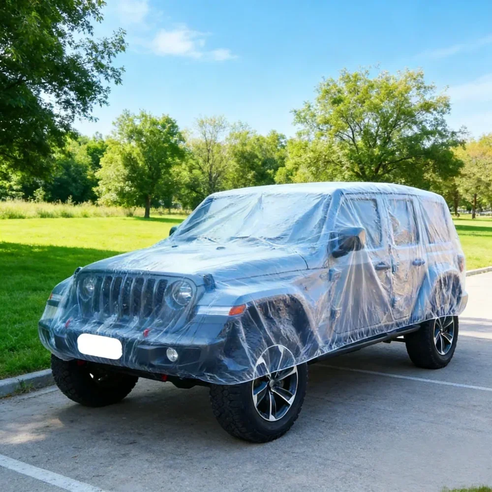 Image of Einweg-Transparente Autoabdeckung Universelle PEVA Staubdichte Kratzfeste Elastische Staubschutzabdeckung Auto-Außenschutz Zubehör