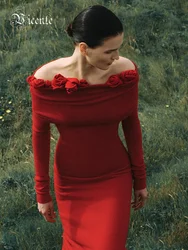 VC Red Velvet Slash Neck Off Shoulder Long Christmas Dress  3D Structured Flower Long Sleeves Floral Slim Evening Party Gown