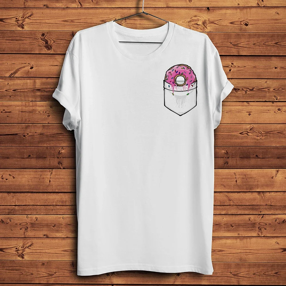 Doughnut in Pocket Funny 3d T-Shirt,Men Summer New White Casual Short Sleeve Tee,Cool Pocket Donut,Unisex Streetwear Tshirt