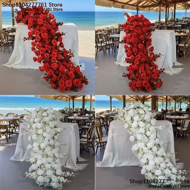 الاصطناعي الأحمر/الأبيض روز دلفينيوم زهرة صف عداء الزفاف خلفية ديكور الأزهار ترتيب الدعائم الطرف الجدول محور