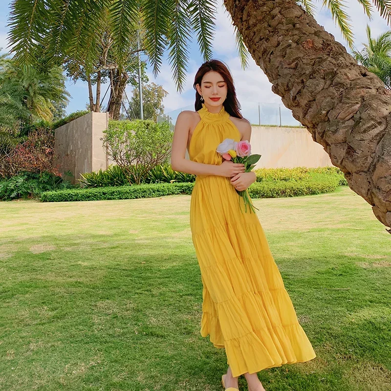 Gagarich Women Bohemian Summer New Western Yellow Long Dress Beach Holiday Backless Halter Neckline Lady Vestidos Robe