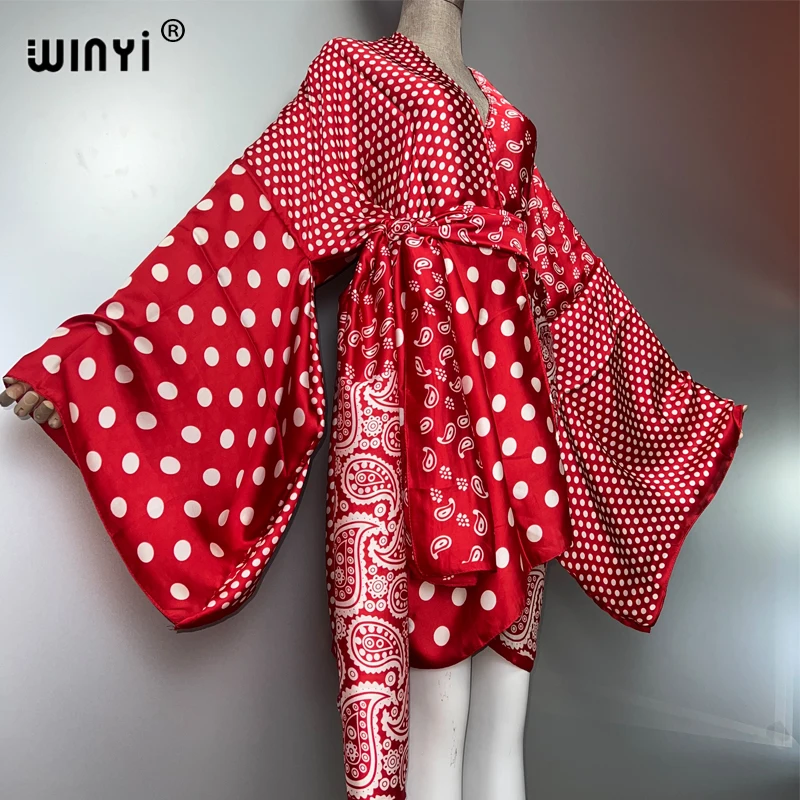 WINYI Summer Kimono Fashion Print Boho Kaftan Elegant Cardigan Sexy Beach Swimsuit Evening Dress Beach Cover Ups for Woman