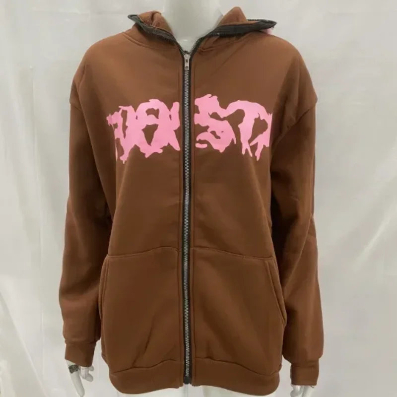 Mode Herbst Winter Straße Kontrast Brief Schaum Gedruckt Top männer frauen Voll Zipper Mit Kapuze Lose Beiläufige Sweatshirt Mantel
