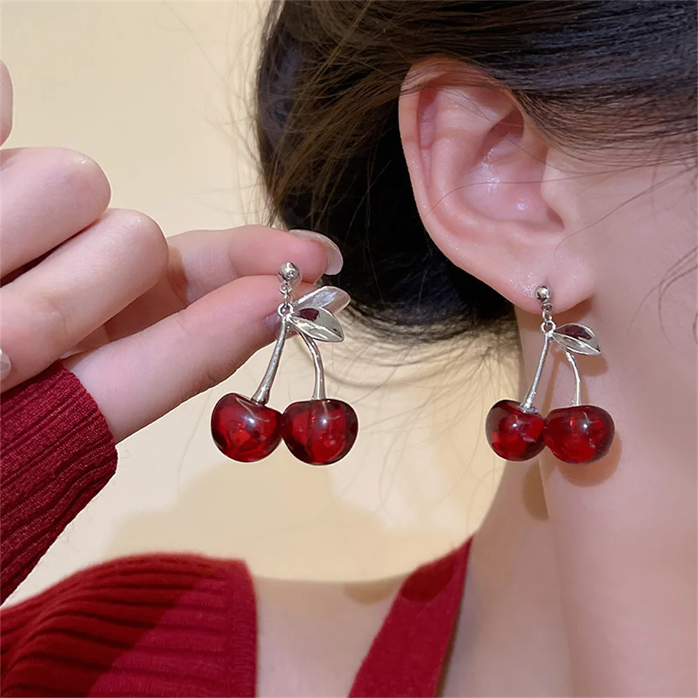

Red Acrylic Cherry Drop Earring Simple Silver Color Alloy Women Earrings Retro Jewelry Fashion Party Wear Accessories
