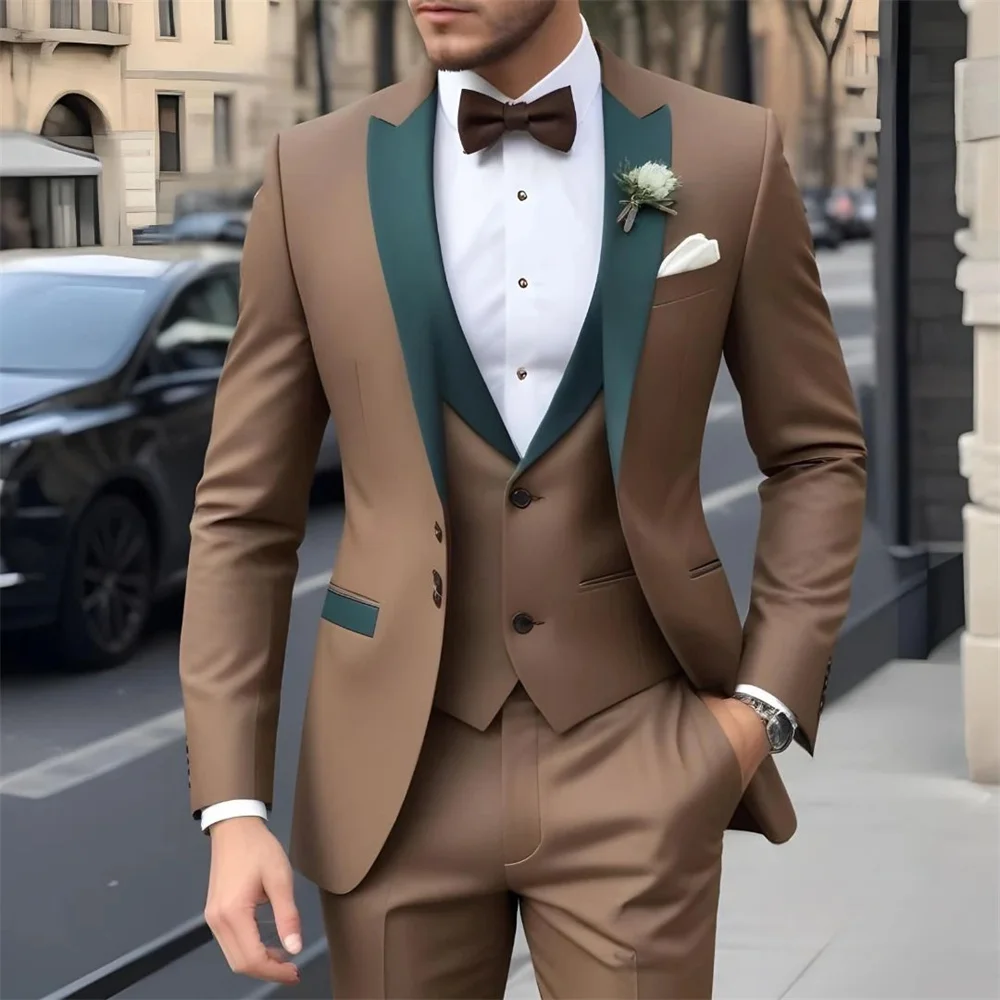 Elegant Brown Men's Suit Jacket Pants Three-Piece Set Classic Business Men Striped Suit Groom Wedding Buckle suit