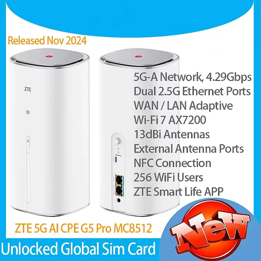 

2024 ZTE 5G AI CPE G5 Pro MC8512 WiFi 7 BE7200 Router Dual 2.5G Ethernet Ports NFC 5G Wireless WiFi Sim Modem 4.29Gbps 256 Users